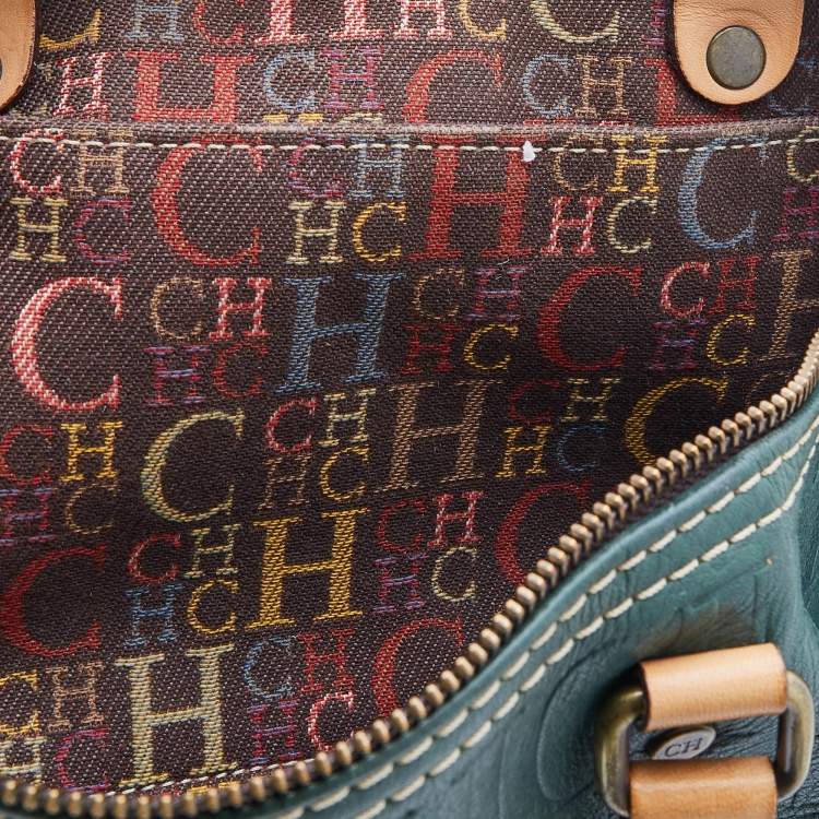 Pre Owned CH Carolina Herrera Green/Beige Monogram Embossed Leather Large Andy Boston Bag