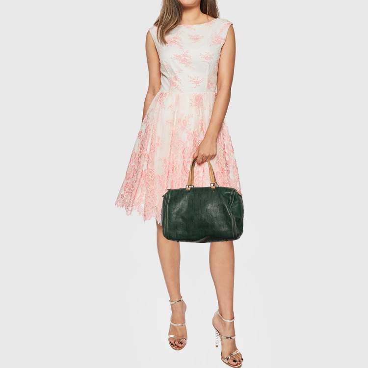 Pre Owned CH Carolina Herrera Green/Beige Monogram Embossed Leather Large Andy Boston Bag