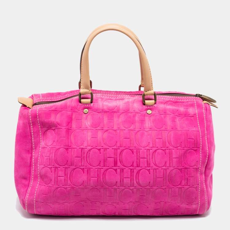Pre Owned CH Carolina Herrera Pink Monogram Embossed Suede And Leather Andy Boston Bag