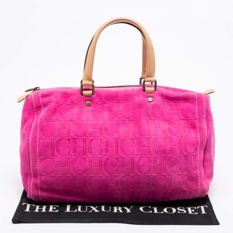 Pre Owned CH Carolina Herrera Pink Monogram Embossed Suede And Leather Andy Boston Bag