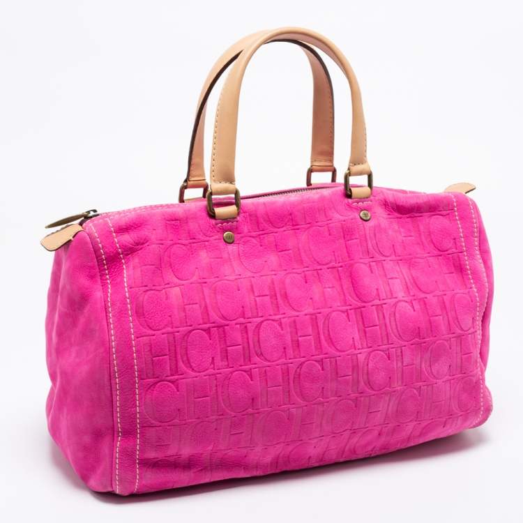 Pre Owned CH Carolina Herrera Pink Monogram Embossed Suede And Leather Andy Boston Bag