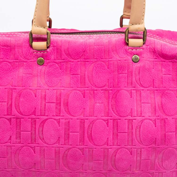 Pre Owned CH Carolina Herrera Pink Monogram Embossed Suede And Leather Andy Boston Bag
