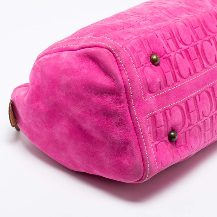 Pre Owned CH Carolina Herrera Pink Monogram Embossed Suede And Leather Andy Boston Bag