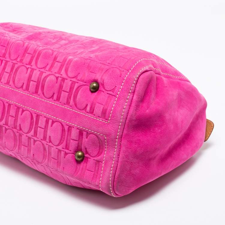 Pre Owned CH Carolina Herrera Pink Monogram Embossed Suede And Leather Andy Boston Bag
