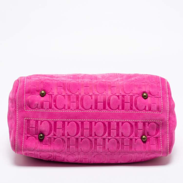 Pre Owned CH Carolina Herrera Pink Monogram Embossed Suede And Leather Andy Boston Bag