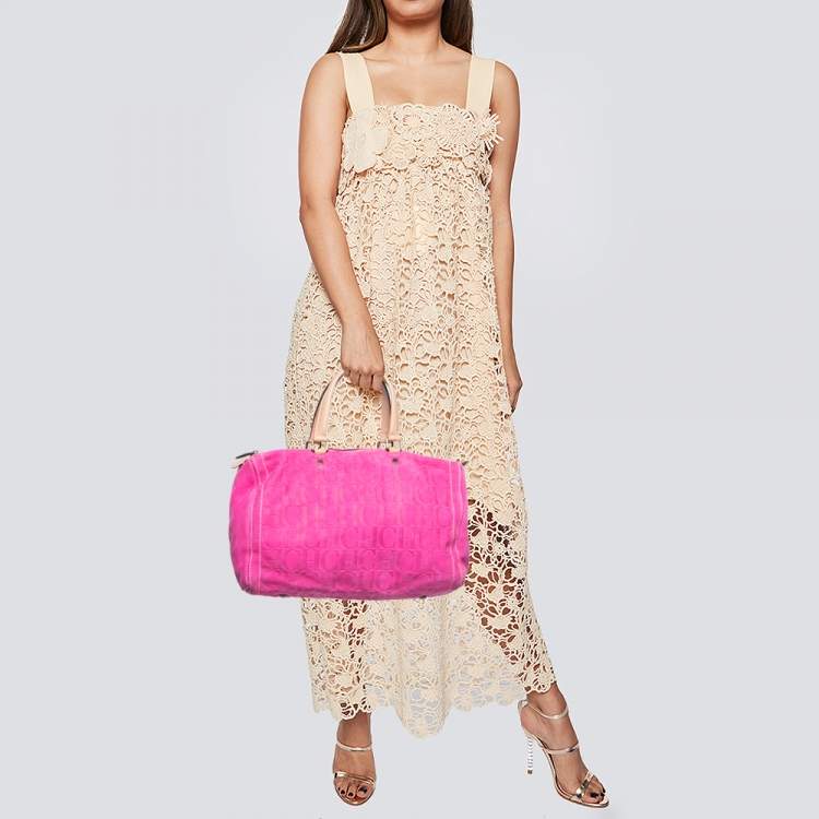 Pre Owned CH Carolina Herrera Pink Monogram Embossed Suede And Leather Andy Boston Bag