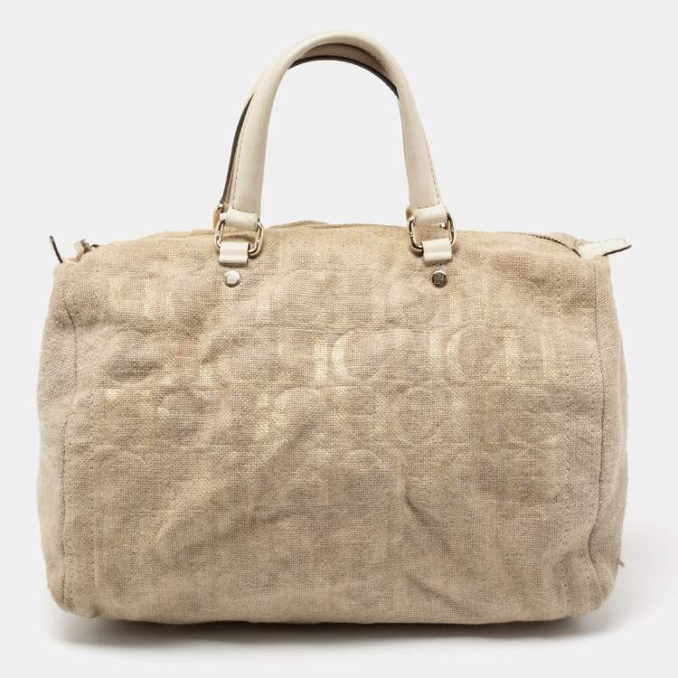 Pre Owned CH Carolina Herrera Cream Monogram Canvas And Leather Satchel