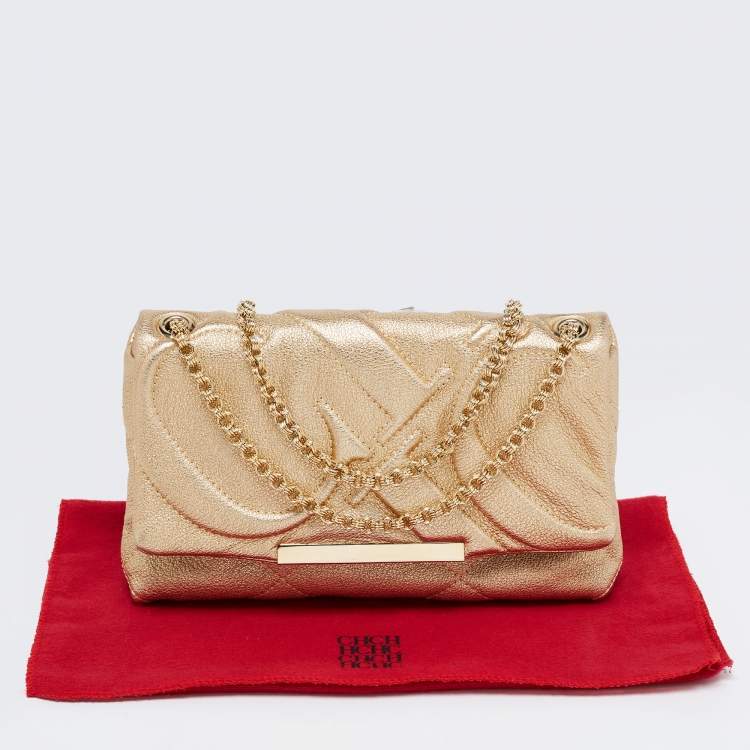 Pre Owned CH Carolina Herrera Metallic Gold Embossed Leather Metal Flap Shoulder Bag