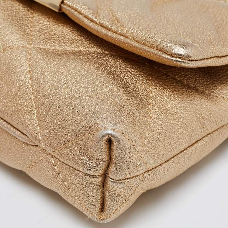 Pre Owned CH Carolina Herrera Metallic Gold Embossed Leather Metal Flap Shoulder Bag