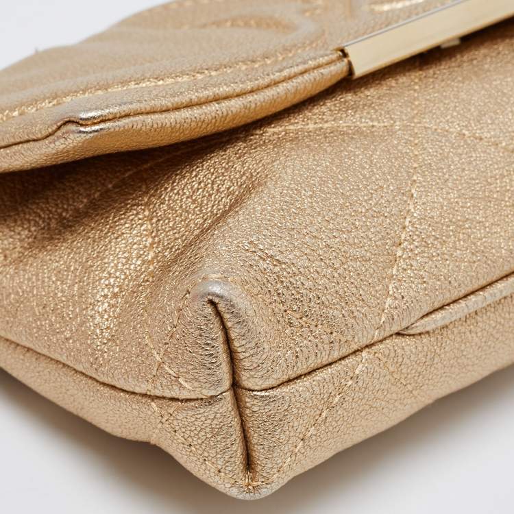 Pre Owned CH Carolina Herrera Metallic Gold Embossed Leather Metal Flap Shoulder Bag