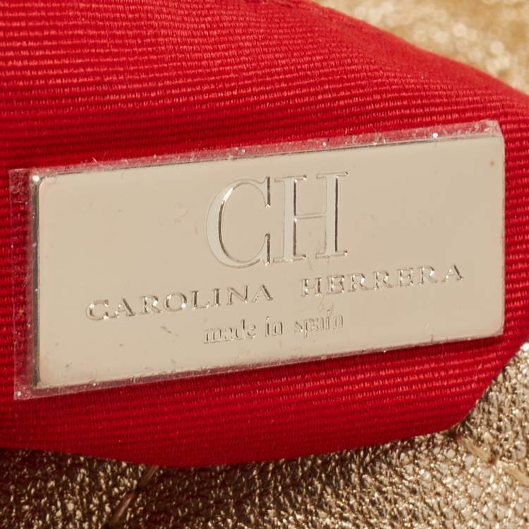 Pre Owned CH Carolina Herrera Metallic Gold Embossed Leather Metal Flap Shoulder Bag