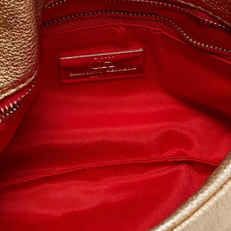 Pre Owned CH Carolina Herrera Metallic Gold Embossed Leather Metal Flap Shoulder Bag