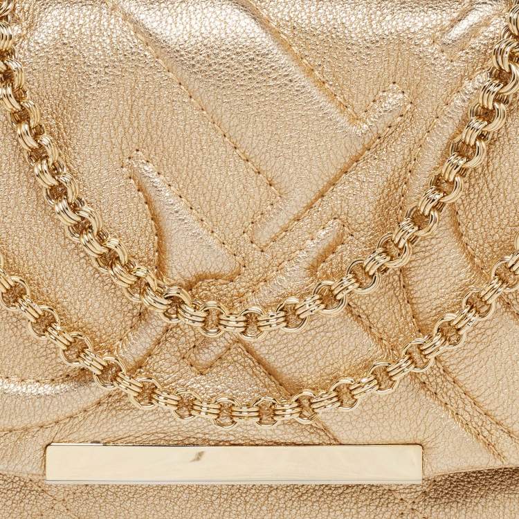 Pre Owned CH Carolina Herrera Metallic Gold Embossed Leather Metal Flap Shoulder Bag