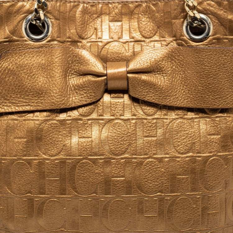Pre Owned CH Carolina Herrera Gold Monogram Embossed Leather Audrey Tote