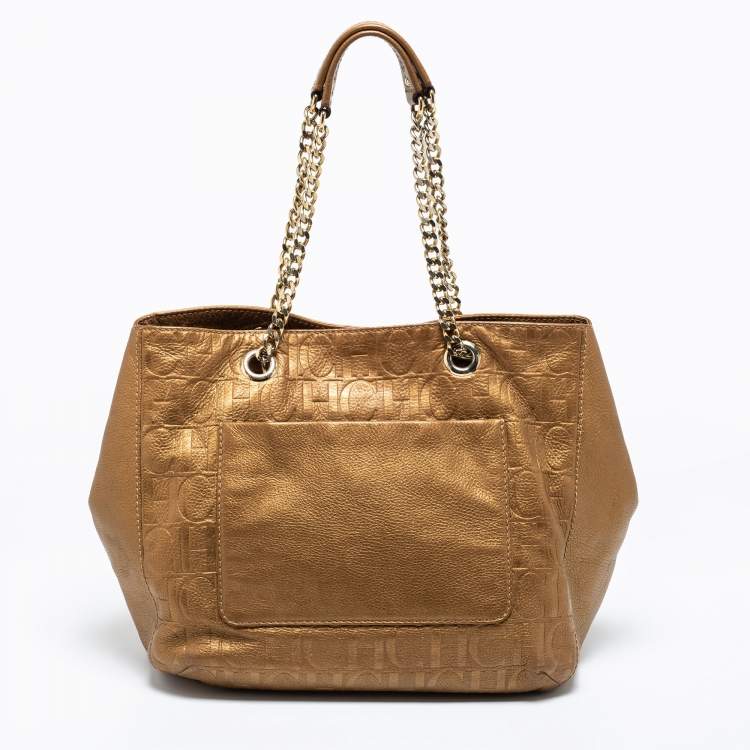 Pre Owned CH Carolina Herrera Gold Monogram Embossed Leather Audrey Tote