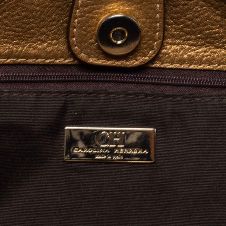 Pre Owned CH Carolina Herrera Gold Monogram Embossed Leather Audrey Tote