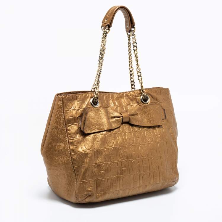 Pre Owned CH Carolina Herrera Gold Monogram Embossed Leather Audrey Tote