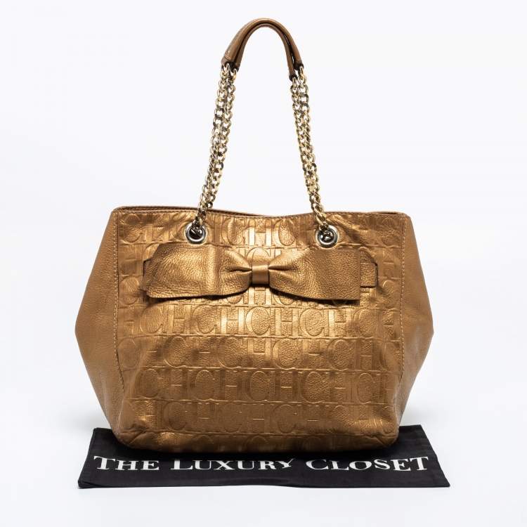 Pre Owned CH Carolina Herrera Gold Monogram Embossed Leather Audrey Tote