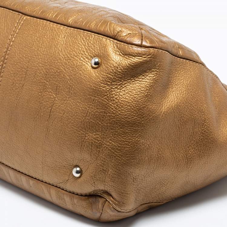 Pre Owned CH Carolina Herrera Gold Monogram Embossed Leather Audrey Tote