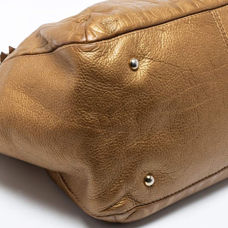 Pre Owned CH Carolina Herrera Gold Monogram Embossed Leather Audrey Tote