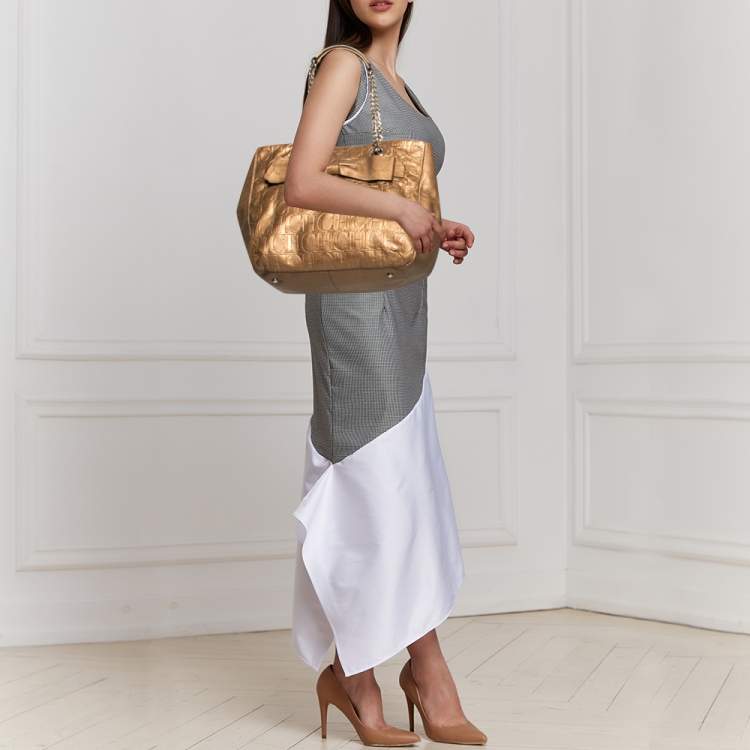 Pre Owned CH Carolina Herrera Gold Monogram Embossed Leather Audrey Tote