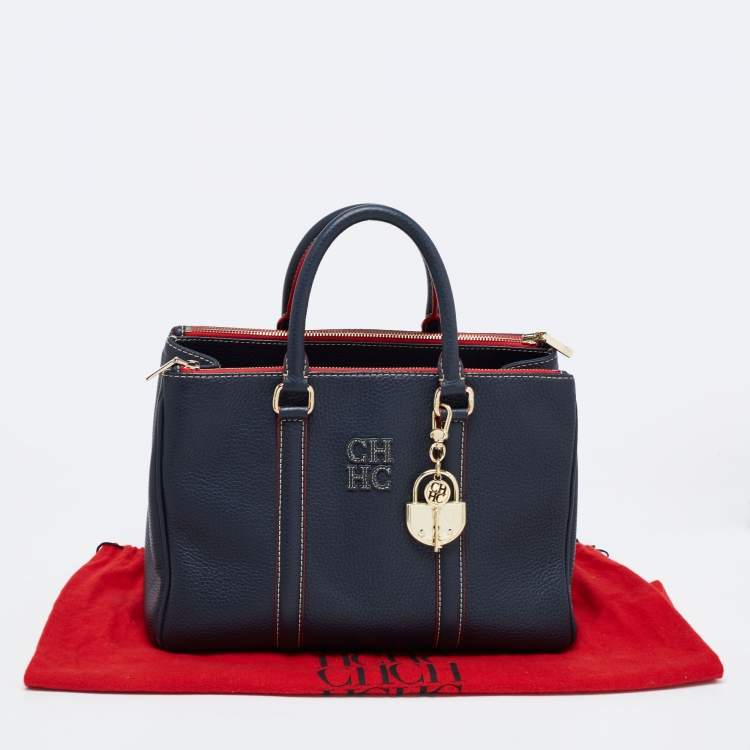Pre Owned CH Carolina Herrera Navy Blue Leather Matteo Tote
