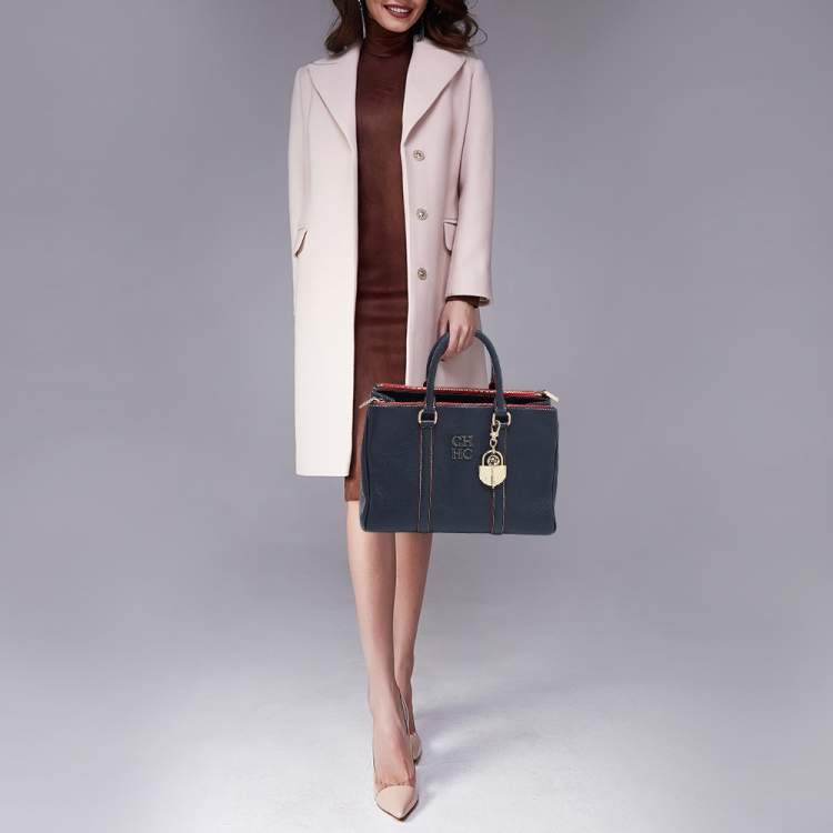 Pre Owned CH Carolina Herrera Navy Blue Leather Matteo Tote