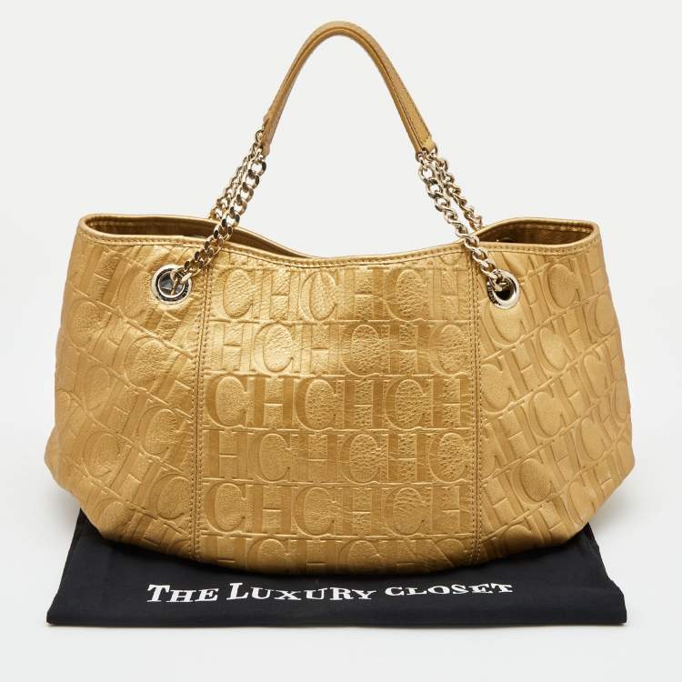 مملوكة مسبقًا CH Carolina Herrera Gold Monogram Embossed Leather Chain Handle Tote