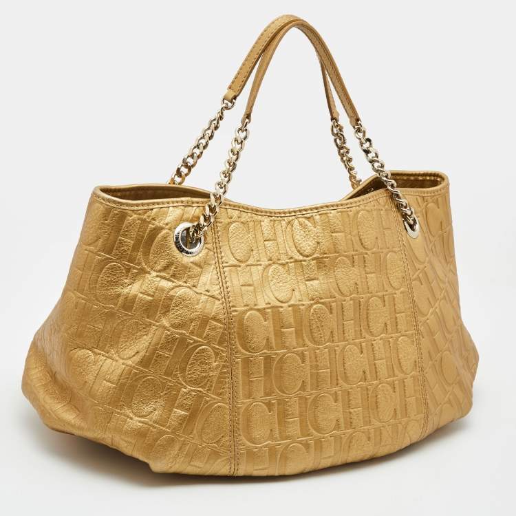 مملوكة مسبقًا CH Carolina Herrera Gold Monogram Embossed Leather Chain Handle Tote