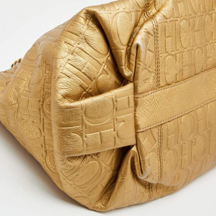 مملوكة مسبقًا CH Carolina Herrera Gold Monogram Embossed Leather Chain Handle Tote