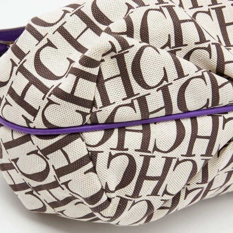 Pre Owned CH Carolina Herrera Beige/Purple Monogram Canvas and Leather Double Strap Hobo
