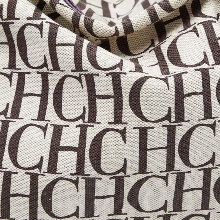 Pre Owned CH Carolina Herrera Beige/Purple Monogram Canvas and Leather Double Strap Hobo