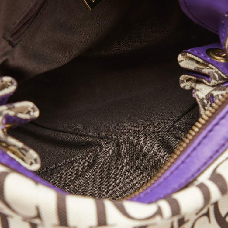 Pre Owned CH Carolina Herrera Beige/Purple Monogram Canvas and Leather Double Strap Hobo