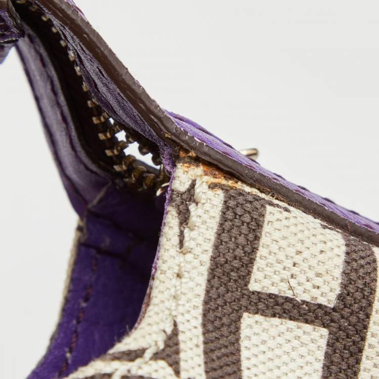 Pre Owned CH Carolina Herrera Beige/Purple Monogram Canvas and Leather Double Strap Hobo