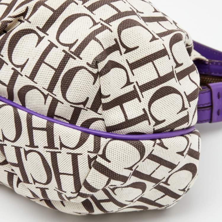 Pre Owned CH Carolina Herrera Beige/Purple Monogram Canvas and Leather Double Strap Hobo