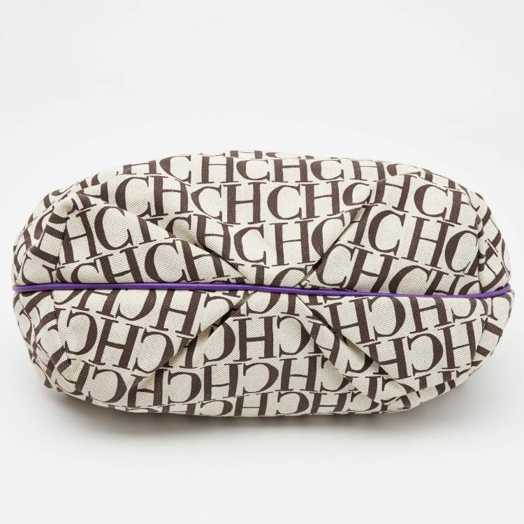 Pre Owned CH Carolina Herrera Beige/Purple Monogram Canvas and Leather Double Strap Hobo