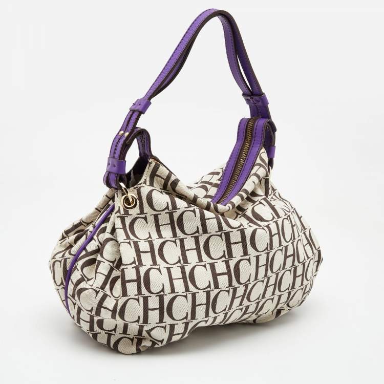 Pre Owned CH Carolina Herrera Beige/Purple Monogram Canvas and Leather Double Strap Hobo