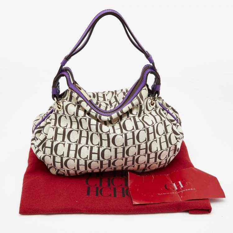 Pre Owned CH Carolina Herrera Beige/Purple Monogram Canvas and Leather Double Strap Hobo
