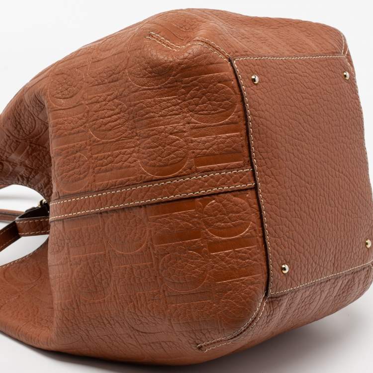 Pre Owned CH Carolina Herrera Brown Monogram Embossed Leather Matryoshka Tote