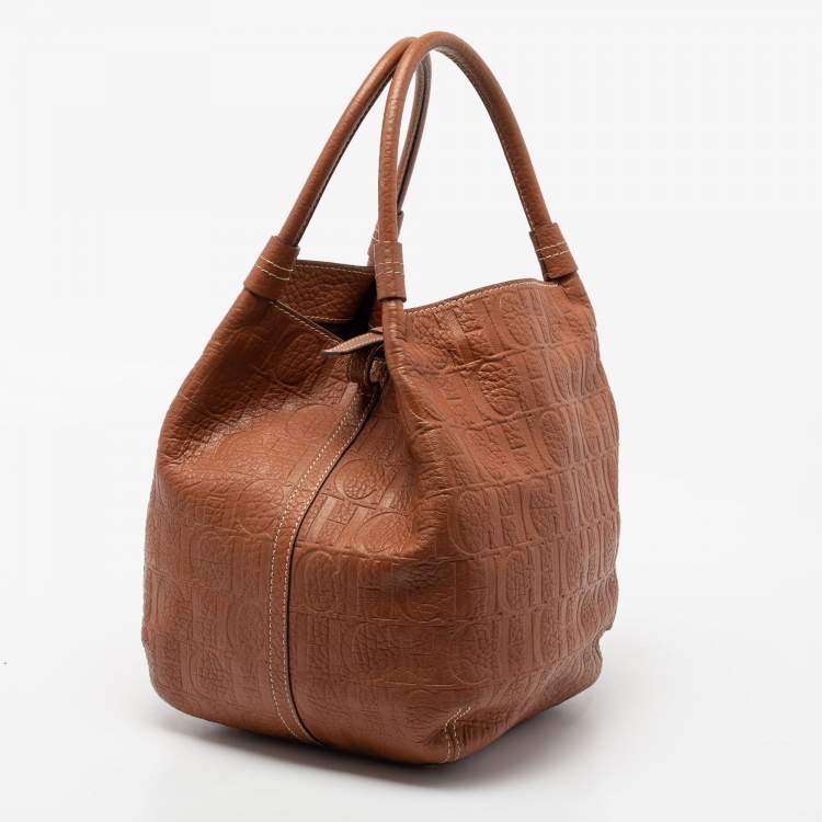 Pre Owned CH Carolina Herrera Brown Monogram Embossed Leather Matryoshka Tote