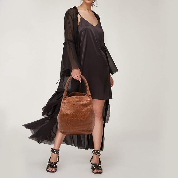 Pre Owned CH Carolina Herrera Brown Monogram Embossed Leather Matryoshka Tote