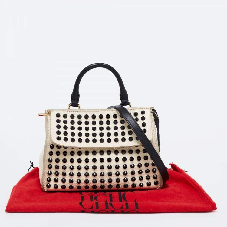 Pre Owned CH Carolina Herrera White/Black Leather Studded Crossbody Bag