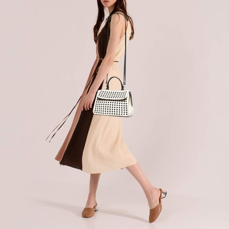 Pre Owned CH Carolina Herrera White/Black Leather Studded Crossbody Bag