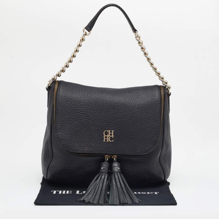 Pre Owned CH Carolina Herrera Black Leather Tassel Shoulder Bag