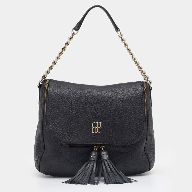 Pre Owned CH Carolina Herrera Black Leather Tassel Shoulder Bag