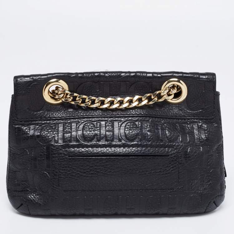 مملوكة مسبقًا CH Carolina Herrera Black Monogram Embossed Leather  Mini Audrey Shoulder Bag
