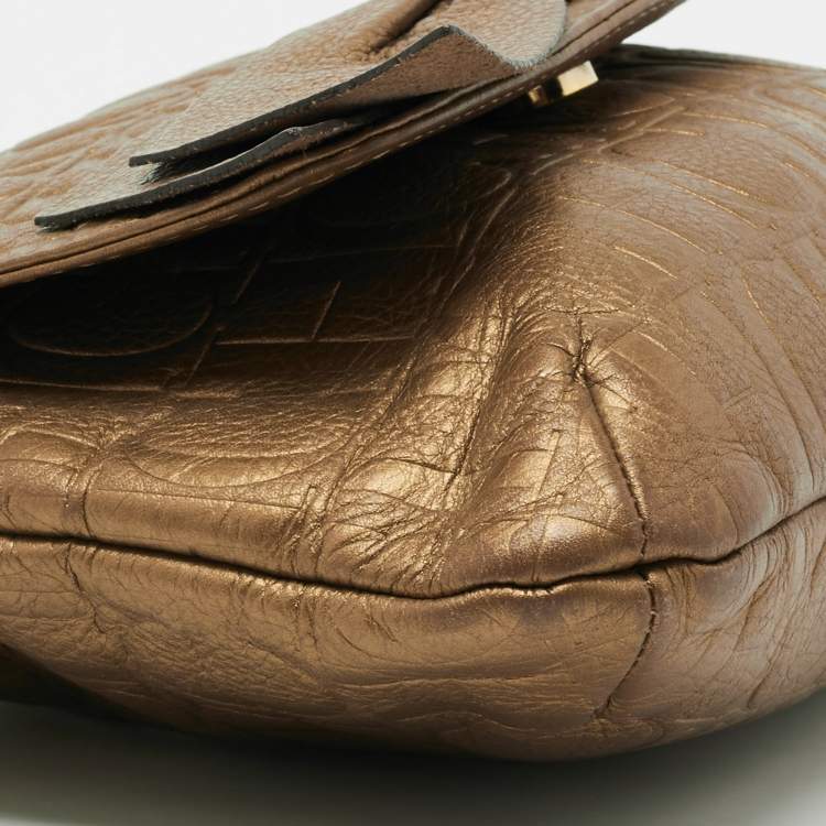 Pre Owned CH Carolina Herrera Gold Monogram Leather Audrey Shoulder Bag