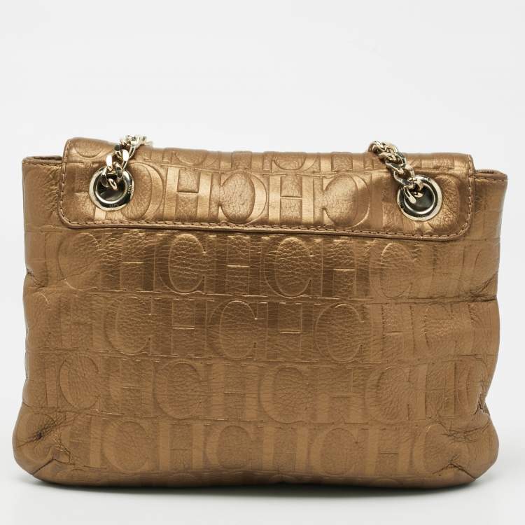Pre Owned CH Carolina Herrera Gold Monogram Leather Audrey Shoulder Bag