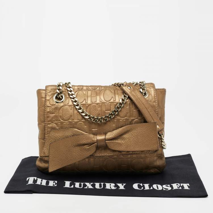Pre Owned CH Carolina Herrera Gold Monogram Leather Audrey Shoulder Bag