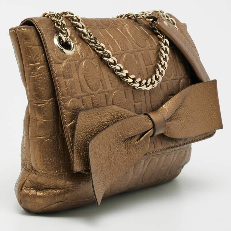Pre Owned CH Carolina Herrera Gold Monogram Leather Audrey Shoulder Bag